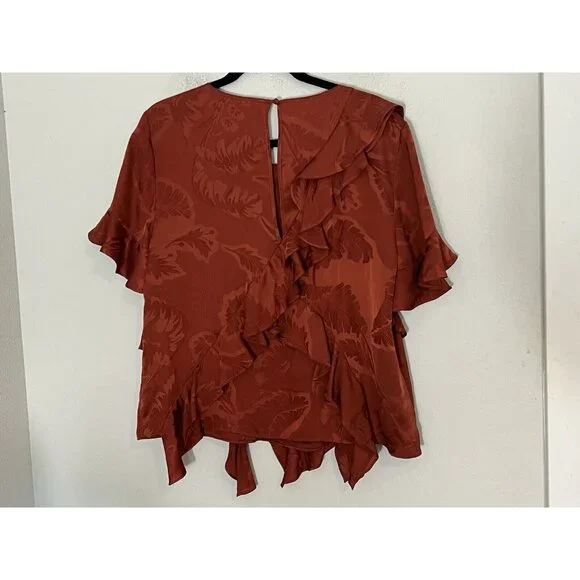 Cinq A Sept Silk Top Blouse Ruffle Asymmetric Size Medium Rust Orange Jacquard - Picture 9 of 15